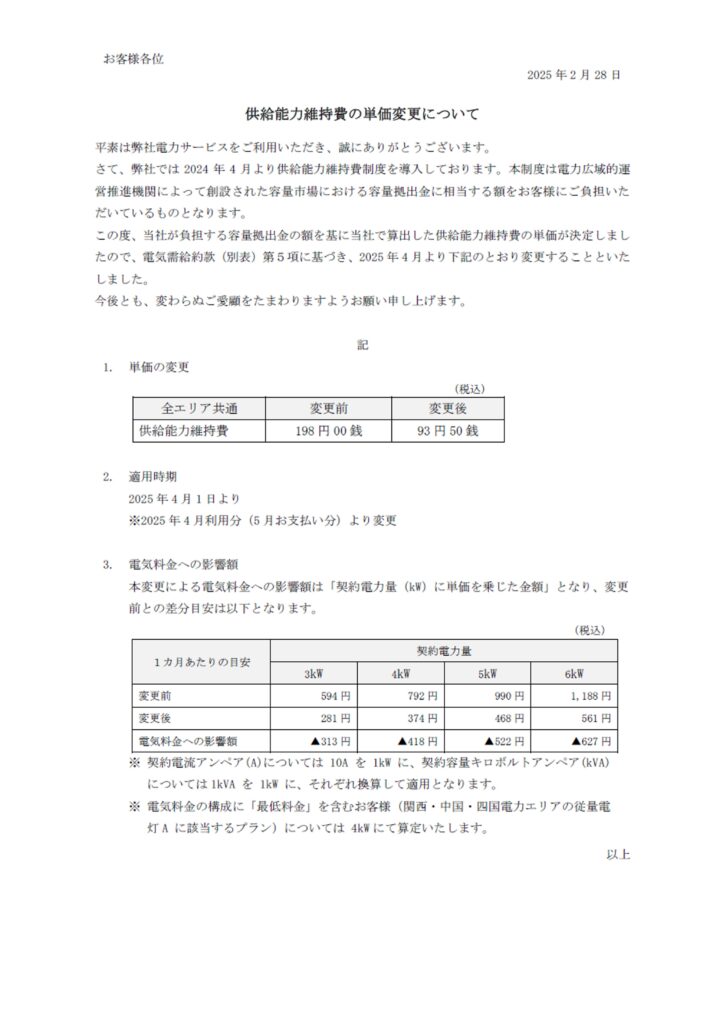 供給能力維持費の単価変更について